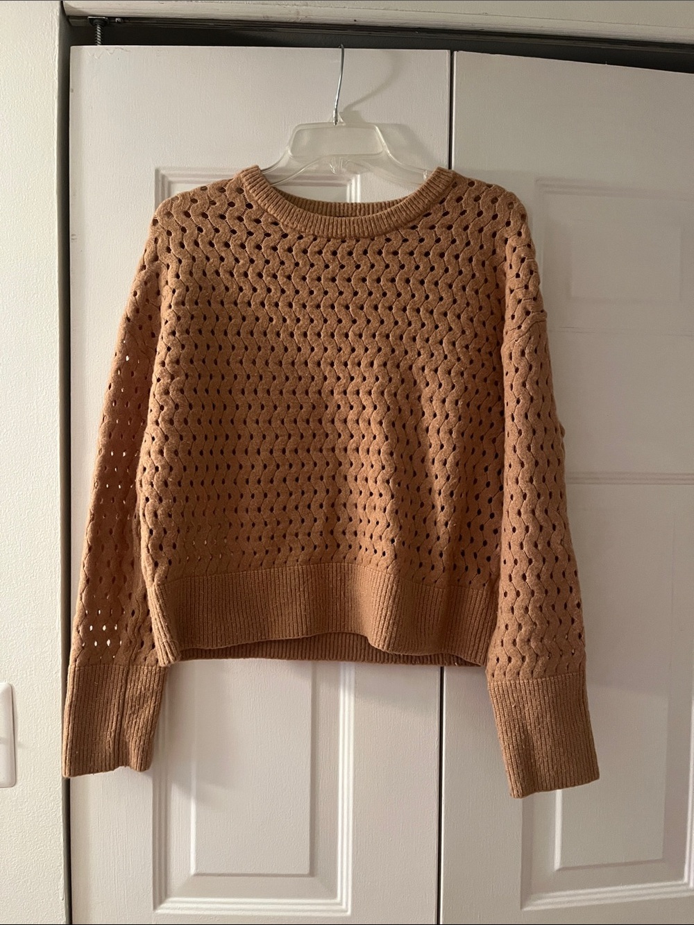 Express Open-Knit Crewneck Sweater in Camel
